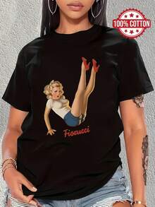 100% cotton T-shirt | Shipped from Mexico | High-quality breathable fabric | Women's black and white loose short-sleeve printed cotton Black Shirt With Pinup Graphic Trendy sporty round neck casual top - Negro - Ver 1