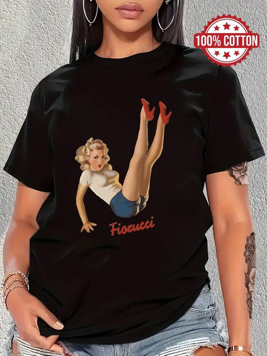 100% cotton T-shirt | Shipped from Mexico | High-quality breathable fabric | Women's black and white loose short-sleeve printed cotton Black Shirt With Pinup Graphic Trendy sporty round neck casual top - Negro - Ver 1