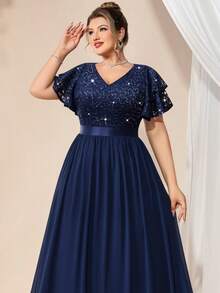 大码V领亮片蕾丝蝴蝶袖撞色雪纺晚礼服，适合婚礼宾客、生日、宴会、节日及其他场合穿着。 - 藏蓝色 - 查看 8