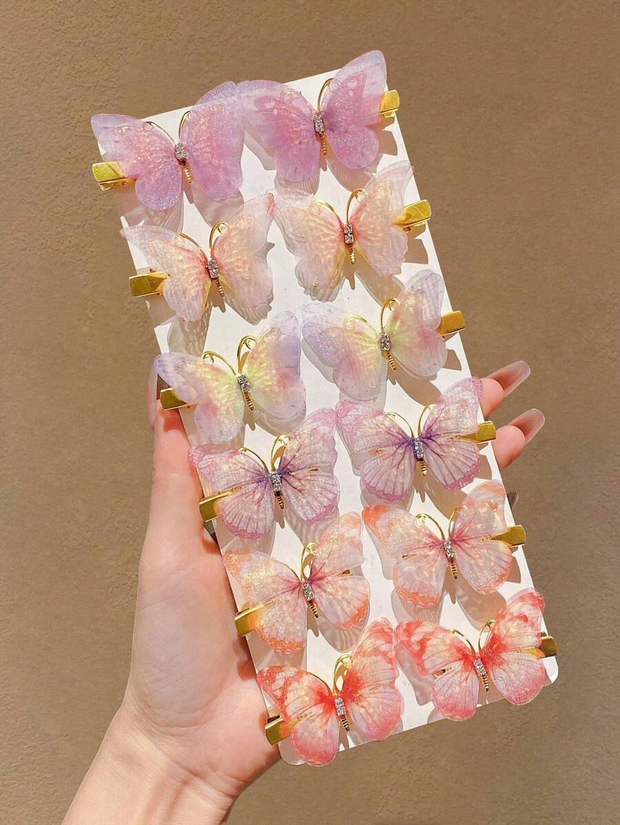 6/12 Pcs Butterfly Cute Boho Double Layer Mesh Butterfly Hairpins, Simple And Versatile Daily Headwear