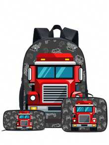 3pcs Spider/Truck Theme Backpack Set (Black/Red/Colorful), Includes Handbag, Pencil Case And Storage Bag - Made Of Polyester, Lightweight And Fashionable, Mixed Color Design