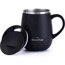 GRANDTIES - Taza de café aislante con asa, tapa deslizante para evitar salpicaduras, termo con forma de copa de vino de 16 oz con doble pared al vacío de acero inoxidable - Negro - - Ver 10