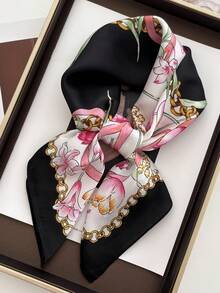 1pc Women Geometric Print Square Scarf Bandana Silk Head Wrap, Suitable For Daily Use For Dress - Multicolor - View 1