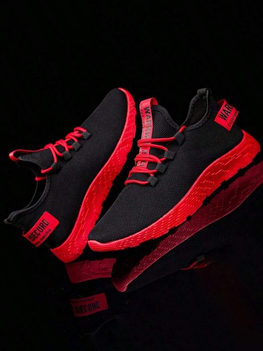 1 Đôi giày chạy bộ nam nhẹ, thoáng khí, co giãn, có dây buộc trang trí phía trước, họa tiết quai ngang ngẫu nhiên/không đối xứng - Đỏ - Xem 1