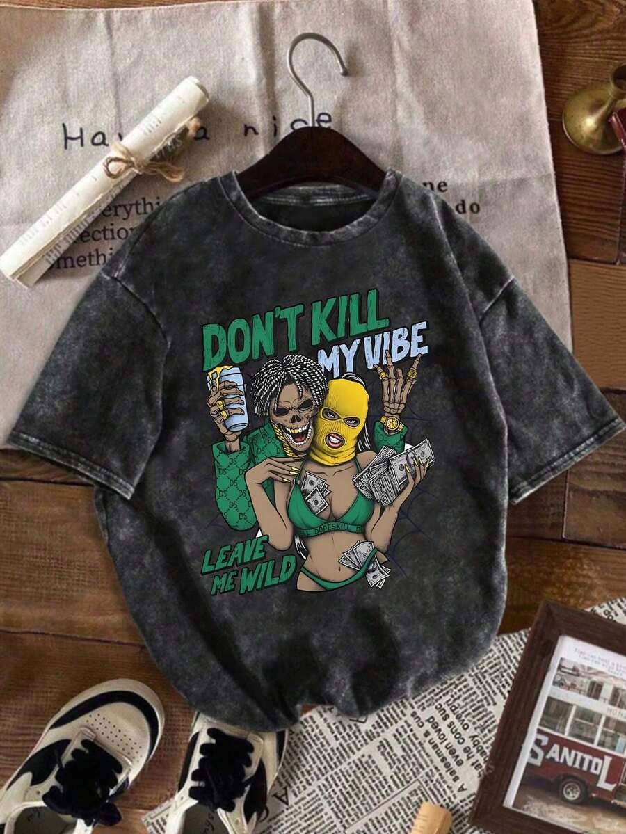 Camiseta de mujer de manga corta con cuello redondo en color negro, con patrones impresos representativos, casual y cómoda para el verano, un imprescindible para el uso diario, camiseta estampada de mujer con gráficos