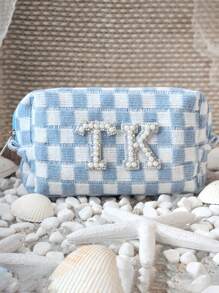 1pc Custom Initials Blue Checkered Cosmetic Bag | Last Toast On The Coast Bridesmaid Favors | Coastal Cowgirl | Bachelorette Beach Party