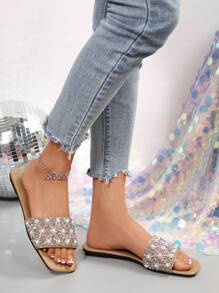 Women's Slide Sandals With Rhinestone Decor, Casual Versatile Outdoor Flat Plastic Slippers