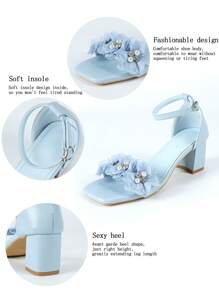 Sandalias con tacón grueso, adornadas con flores y rhinestones, estilo elegante para fiestas, para bodas y banquetes, tacones altos de satén blanco