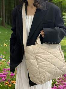 1 pezzo Borsa a spalla trapuntata in cotone tinta unita di grande capacità per le donne, borsa casual da sport all'aperto, adatta per viaggi, scuola, ufficio, portatile e spaziosa