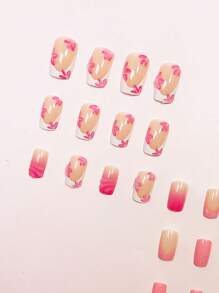 Instantly Enhances Your Charm 24pcs Press On Nails Medium Modern Fashion Fake Nails, White French Border And Pink French Blend, Ins Style 3D Transparent Wavy Line Pattern And 3D Transparent Pink And White Flowers, Sweet And Elegant Nail Art, Beautiful Temperament Fully Covered Fake Nail Set, Suitable For Girls And Women's Daily Wear, Beach Parties And Dances, Press On Fake Nail Supplies