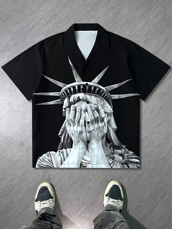 男士夏季短袖 Polo 衫，女神印花时尚休闲衬衫