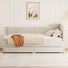 Twin Size L-Shaped Corduroy Daybed,Upholstered Bed Frame With  2 Storage Drawers, Beige-9513 - Multicolor - View 2