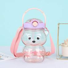 1000ml Cute Bear Water Bottle With Lock Lid & Strap - Leakproof PC Travel Cup For Kids & Adults - Cartoon Tumbler For School, Gym, Outdoor