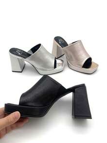 Platform Slippers Summer Chunky Heel Mule Sandals Peep Toe Versatile Fashion Clogs - Silver - View 6