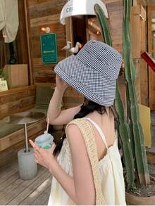 韩国ins风格纹大檐渔夫帽女韩版春夏秋季防紫外线防晒遮阳帽出门旅游遮阳帽 - 彩色 - 查看 2