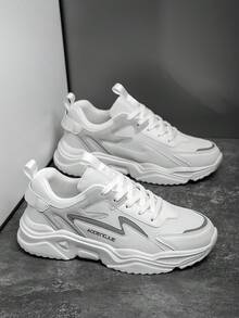 男士轻便透气网眼户外休闲运动鞋，日常街头潮流黑白 PU 皮革拼接低帮跑步鞋，大码厚底运动鞋，适合所有季节 - 白色 - 查看 4