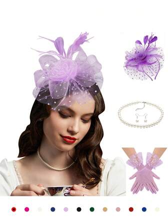 4Pcs Set Fascinators Hat For Women Tea Party Headband Kentucky Derby Wedding Flower Cocktail Mesh Feathers Hair Clip Glove Necklace Set