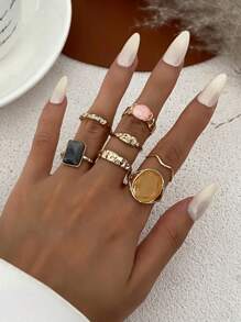 Ensemble de 7 bagues vintage élégantes incrustées de pierres géométriques, bagues à la mode dorées pour femmes, idéales pour un usage quotidien ou une fête, ensemble de bijoux cadeaux