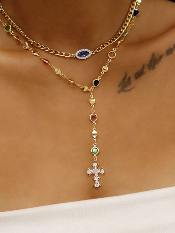 1 pièce Collier pendentif croix en zirconium cubique à double couche avec chaine et imitation pierre précieuse en verre coloré étincelant. Accessoire de bijouterie élégant pour femme, pour usage quotidien, fête ou banquet (couleur aléatoire)