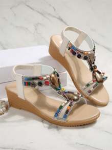Vintage Bohemian Beaded Elastic Band Wedge Platform Roman Sandals, Beach Shoes For Women (Run Small)