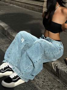 Jeans a vita alta ripped dalla gamba a barile stile Y2K - Jeans a vita alta e gamba ampia con taglio a lama di rasoio, pantaloni a falce