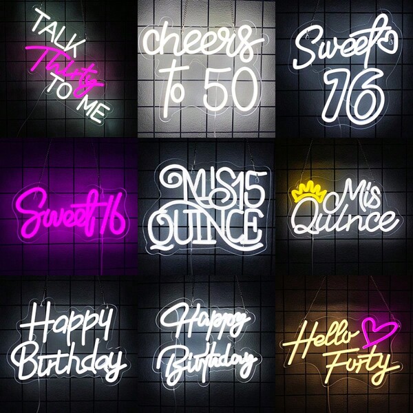 Happy Birthday/Cheers To 50/Talk Thirty To Me/Sweet 16/Mis 15 Quince/Mis Qunce/Hello Forty Neon Sign, Birthday Party LED Sign Wall Decor,Happy Birthday Themed Lighting Sign Used For Background,Bedroom Room,Bar,Wedding,Home,Birthday Art Decoration,Christmas,Valentine's Day Gifts, 5V USB Powered, Easy To Install.