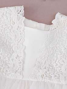 Baby Girl Lace Panel White Christening Dress, Birthday Wedding Flower Girl Tulle Gown With Headband - 白色 - 查看 3