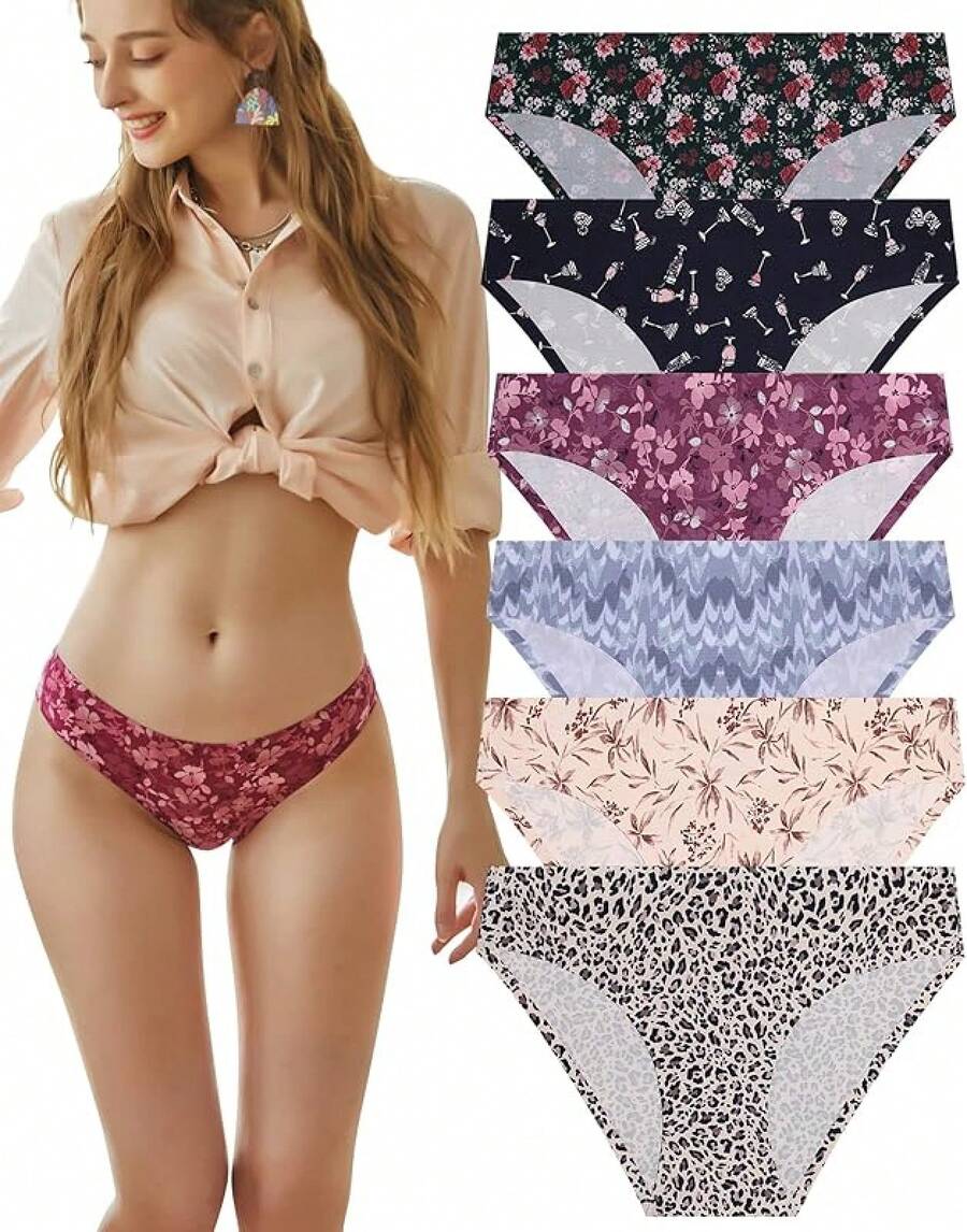 FINETOO 6 Pack Women's Seamless Hipster Underwear No Show Panties Invisibles Briefs Soft Stretch Bikini Underwears XS-XL - 固體 6 - 查看 1