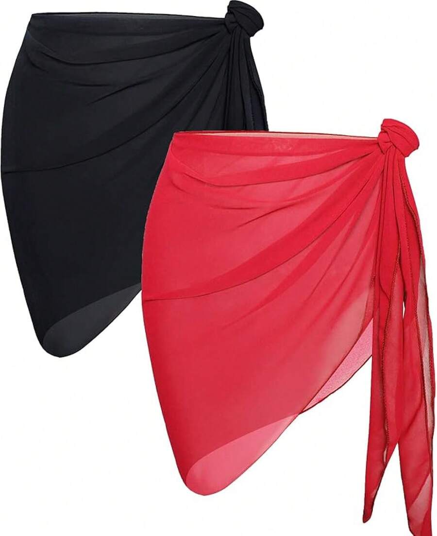 CHICGAL 2 Pieces Women Beach Sarong Bathing Suit Wrap Skirt Sheer Bikini Swimsuit Cover Ups Swimwear - 黑色和亮紅色 - 查看 1