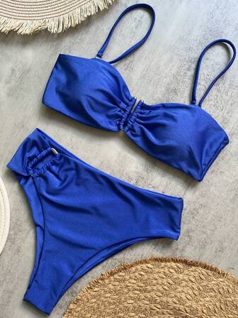 Conjunto de bikini de unicolor con decoración metálica para mujer