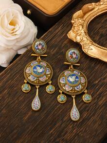 Vintage Retro Metal Round Pendant, Featuring Colorful Floral And Designs, Made With Oil Painting Technique, Suitable For Formal Events, Vacation And More - Of Peace Earrings - View 4