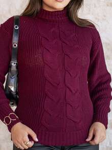 Women's Cold Temperature Sweater High Neck Wool Puff Sleeve Knitted Tricot Braids - Redwood - View 2