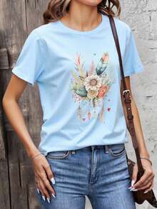 Blusa dama mujer casual romántica estampado girasol cuello redondo manga corta amplia bajo regular cómodo diario calle casual calor fresco primavera verano jardín comida vacaciones - Azul - Ver 1