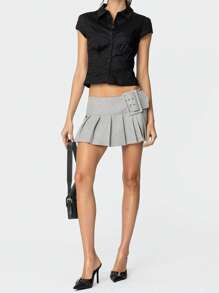 Women Button Down Shirt Casual Solid Color Crop Short Sleeve Tops Blouse