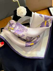 1条方形丝巾，女士缎面印花发带，头巾，时尚女士发带，披肩，围巾，女士领巾，头巾 - 紫花 - 查看 2