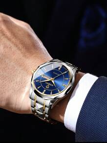 1 Stück Herren Uhr Gold Blau 50m wasserdicht rostfrei 316 Edelstahl leuchtende Zeiger Japan importiertes Quarz Automatikwerk - Hochwertig eingebaute langlebige Japan Batterie Englisch Sonntag Kalender präzise Zeitanzeige Herren Geburtstags Geschenk Ehemann Vatertag Hochzeit Andenken