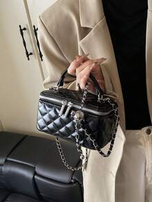 1 件时尚 PU 绗缝钻石缝拉链手拿包，百搭女士手提包，配有可拆卸肩链 - 黑色 - 查看 6