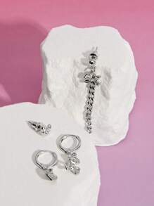 DareSee 4pcs Cool-Toned Alloy Heart Shaped Stud Earrings Set Music-Fest Y2K-Fest Back To School