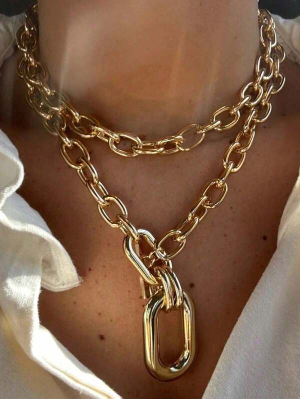 1pc Stylish Gold-Tone Metal Chain Multilayer Necklace, Creative Chunky Chain Design For Party & Everyday Wear