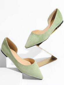 Bailarinas de punta fina de color verde claro, de estilo europeo, ligeras, antideslizantes, transpirables y elegantes con diseño calado, zapatos para mujeres para todo tipo de temporadas - Verde Pastel - Ver 3