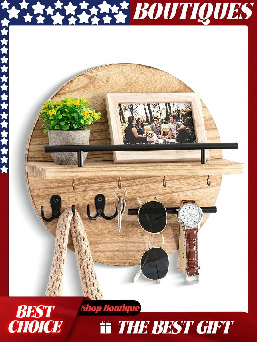 Key Holder For Wall Decorative With Shelf And Hooks, Mail Organizer Wall Mount With Sunglasses Holder, Circular Design Entryway Key Rack Hanger, Rustic Home Decor Boho Wall Decor, Key Rack, Key Holder Wall Mount, Key Holder For Wall, Key Organizer, Key Hooks For Wall, Mail Organizer Wall Mounted, Keys Holder On Wall, Key Hook, Wall Key Holder, Mail Holder, Key Hanger, Mail Holder For Wall, Car Key Holder,Shelf With Hooks, Key Hooks, Dog Leash Holder For Wall, Key Hanger Wall Mount, Key And Mail Holder For Wall - Light Brown-A - 查看 1