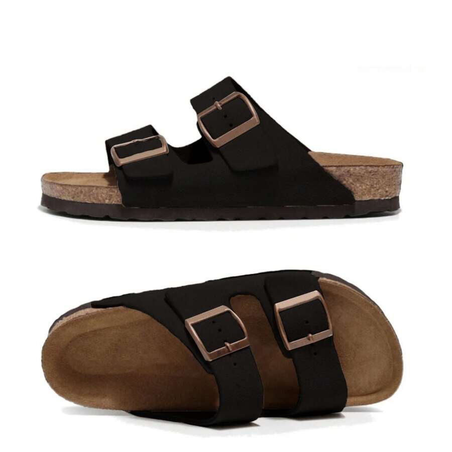 Sandals For Women Adjustable Buckle Cork Footbed Slip On Comfortable Design - 黑色 - 查看 1