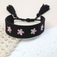 1 Stück handgefertigtes besticktes Blumen Kirschblüten geflochtenes verstellbares Boho Quasten Armband, geeignet für Freunde, Familie, Studenten, Urlaubsgeschenke, Partys, Reisen, Hochzeitsbekleidung