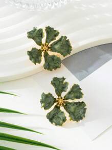1 Pair Asymmetrical Green Floral Oil Drop Design Lady Earrings, Suitable For Holiday/Travel/Date Wear
