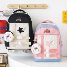 Nuevo juego de cuatro piezas de mochila para la temporada de vuelta al colegio, diseño de color sencillo y lindo con elemento de estrella de cinco puntas de béisbol, mochila de gran capacidad clásica y versátil, apertura de cremallera, plegable, con múltiples bolsillos y compartimentos, que incluye bolsa escolar, bolso bandolera, estuche de lápices y monedero redondo pequeño, mochila juvenil. Bolsa escolar imprescindible, adecuada tanto para niños como para niñas.
