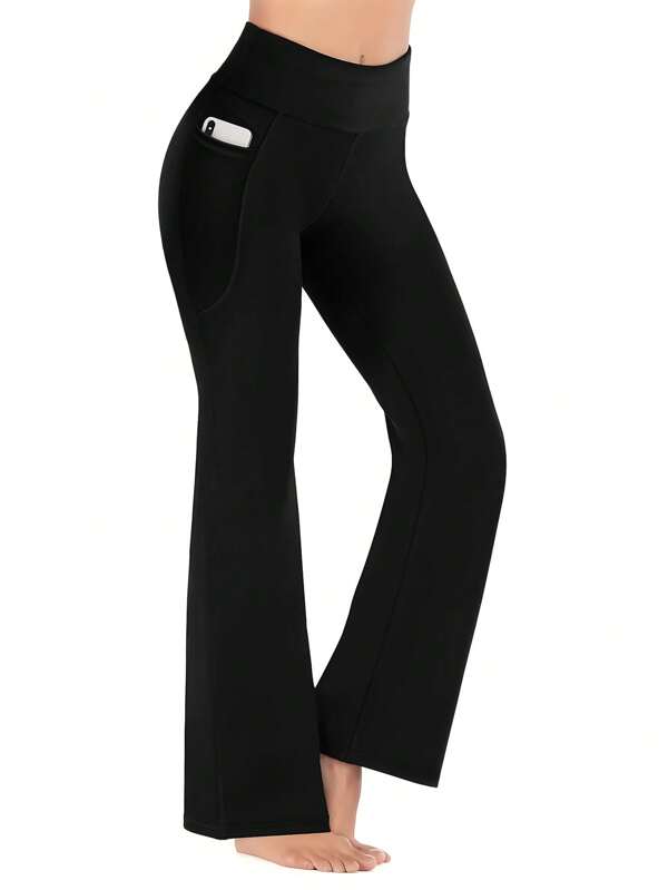 Women's Flared Yoga Pants | Tummy Control Wide Waistband & Phone Pockets | High-Waisted Stretchy Lounge Pants For Gym, Spring Outfits