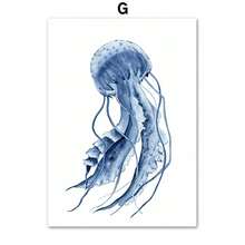 1pc/3PCS Wall Arts Posters Optional Frame Modern Watercolor Blue Coastal Sea Creatures Posters Prints Octopus Conch Jellyfish Wall Art Canvas Painting Room Home Decor - Multicolor - View 30