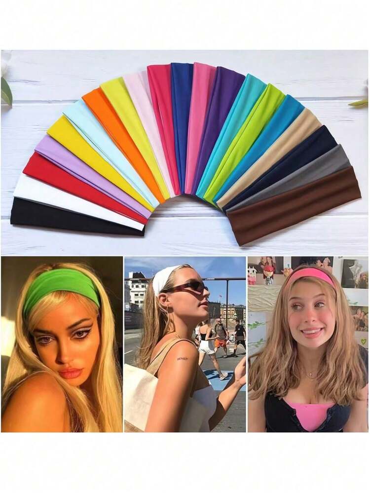 18pcs Boho Style Elastic Headbands, Women's Multicolor Sports Sweatband, Yoga Running Hair Accessories, Knitted Hairband, Suitable For Washing Face And Makeup Summer Outfits - Multicolor - View 9