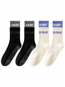 3/4/6 Pairs Of Pilates Non-Slip Grip Socks With Colored Letters Contrasting Double Lugs Yoga Mid-Tube Long Sports Socks Suitable For Four Seasons Fitness Ballet Yoga Indoor Sports Barefoot Hospital Floor Socks