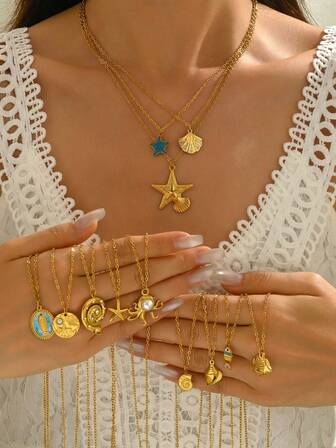 1 件夏季海洋主题吊坠金项链，时尚金属海星、贝壳、海螺吊坠项链，适合女性日常和节日佩戴